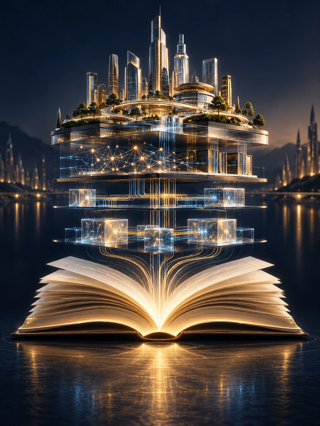 An open book forms the foundation of connected digital systems and a modern city